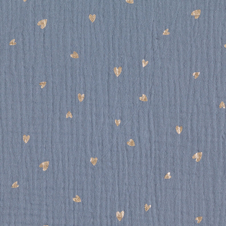 Tissu double gaze de coton Cœurs Imprimé feuille | by Poppy gris bleu/or métallisé,  image number 1