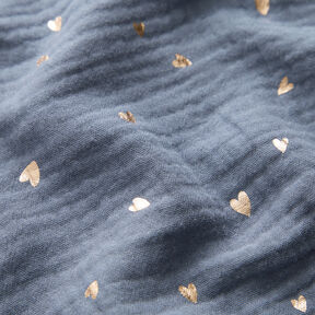 Tissu double gaze de coton Cœurs Imprimé feuille – gris bleu/or métallisé, 