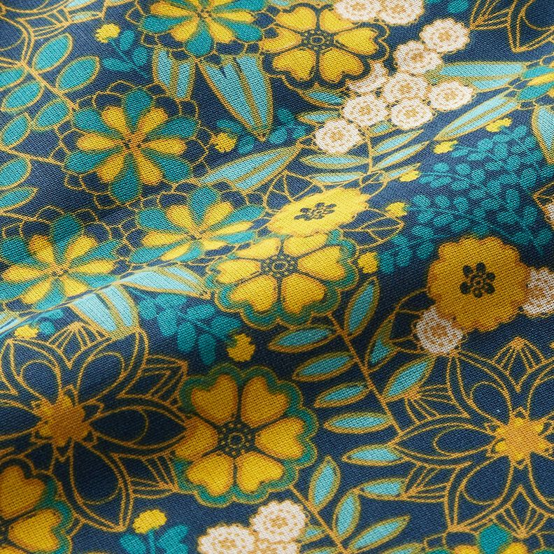 Tissu en coton Cretonne Fleurs magnifiques – bleu océan/jaune,  image number 2