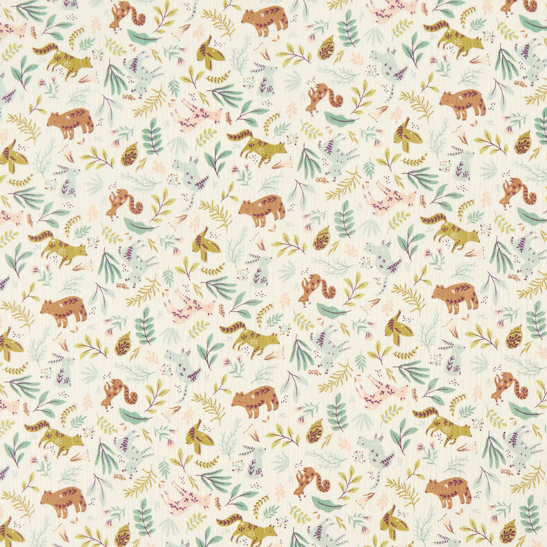 Tissu double gaze de coton Animaux de la forêt et fleurs – écru,  image number 1