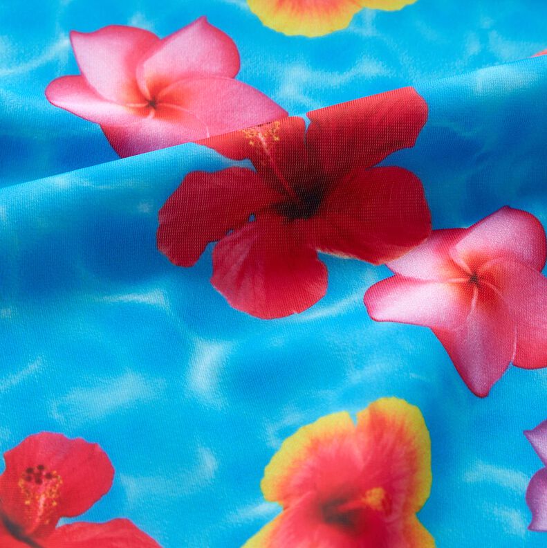 Tissus pour maillot de bain Fleurs hawaïennes – bleu/rose intense,  image number 3