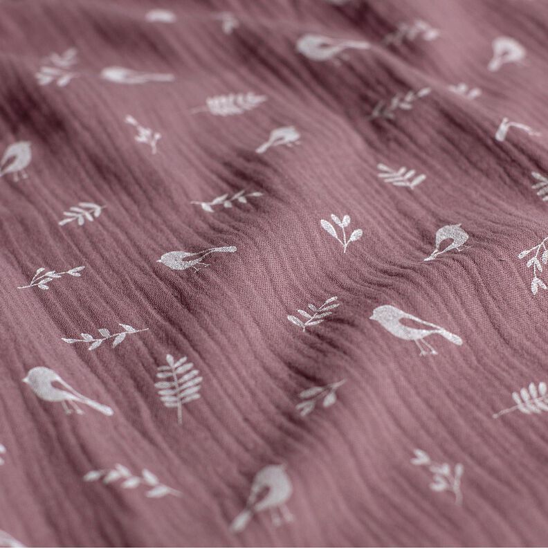 Tissu double gaze de coton Branches et petits oiseaux – aubergine/blanc,  image number 2