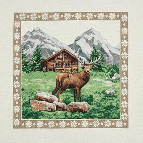 panneau décoratif Gobelin Cerf et refuge de montagne – marron/vert, 