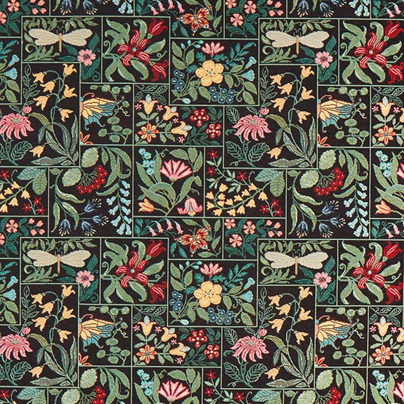 Tissu de décoration Gobelin Carreaux à fleurs – noir,  image number 1