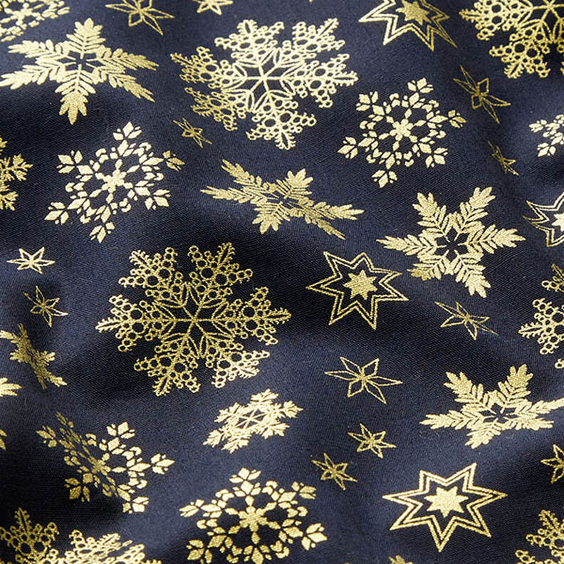 Tissu en coton Popeline Cristaux de neige – bleu nuit/or,  image number 2