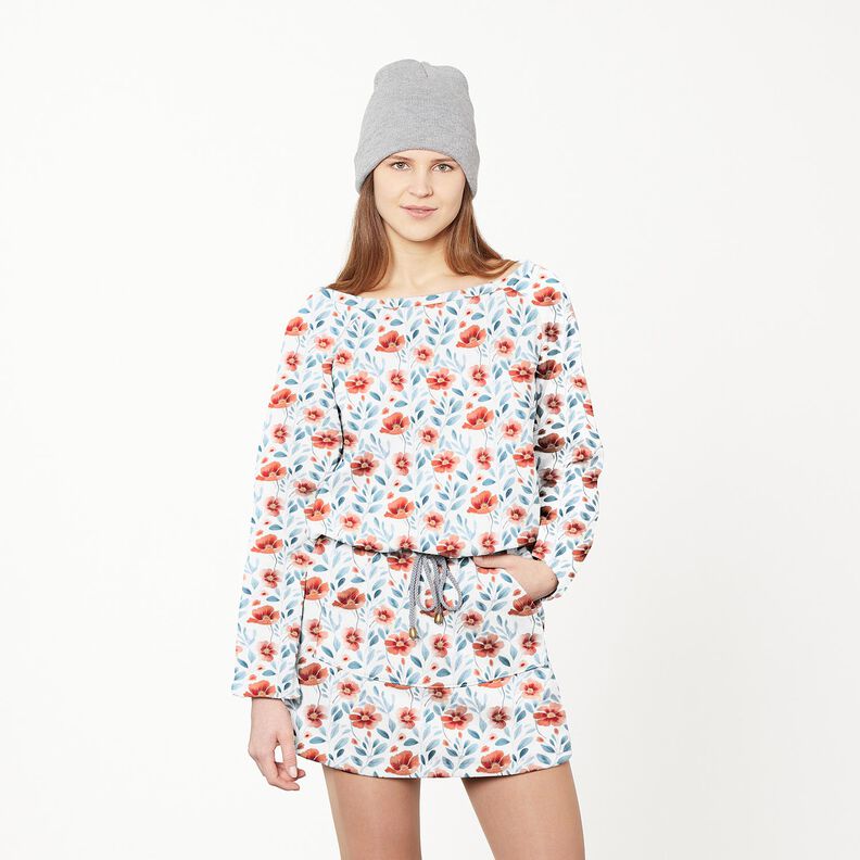 GOTS French Terry Sweat d’été Coquelicots & branches – blanc/homard,  image number 5