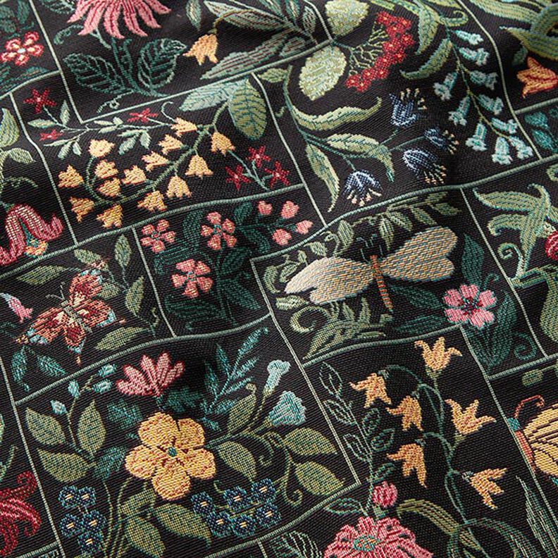 Tissu de décoration Gobelin Carreaux à fleurs – noir,  image number 2