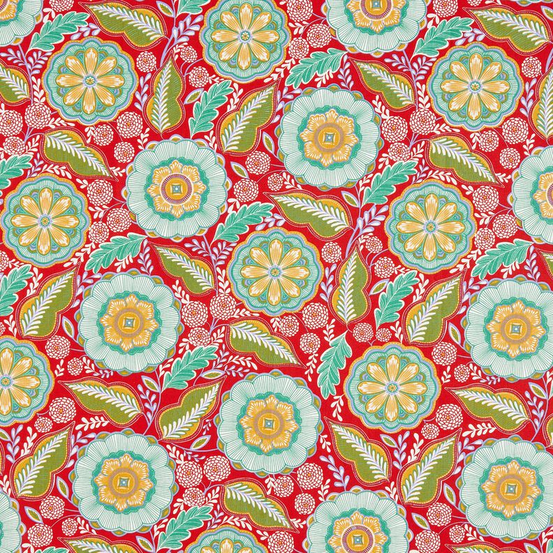 Tissu en coton Cretonne Fleurs Mandala – rouge feu/menthe poivrée,  image number 1