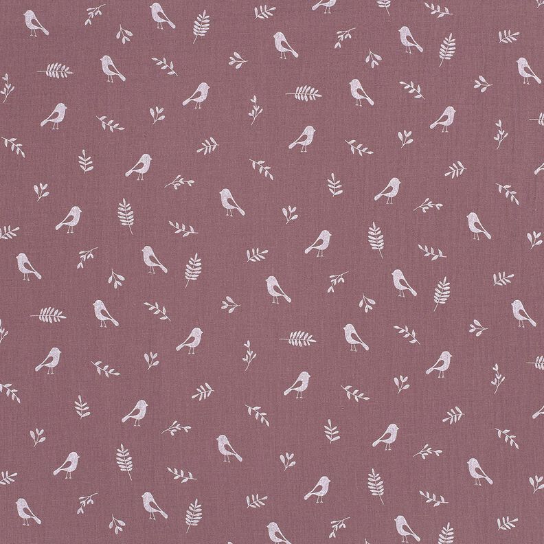 Tissu double gaze de coton Branches et petits oiseaux – aubergine/blanc,  image number 1