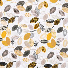 Tissu en coton Cretonne Feuilles artistiques – blanc/jaune curry, 