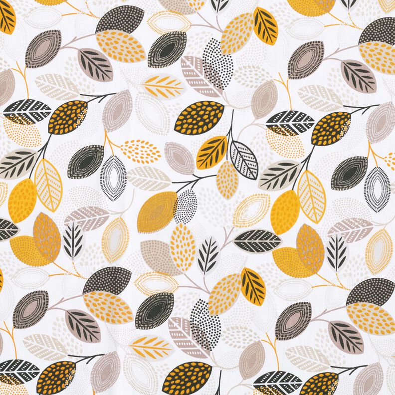 Tissu en coton Cretonne Feuilles artistiques – blanc/jaune curry,  image number 1