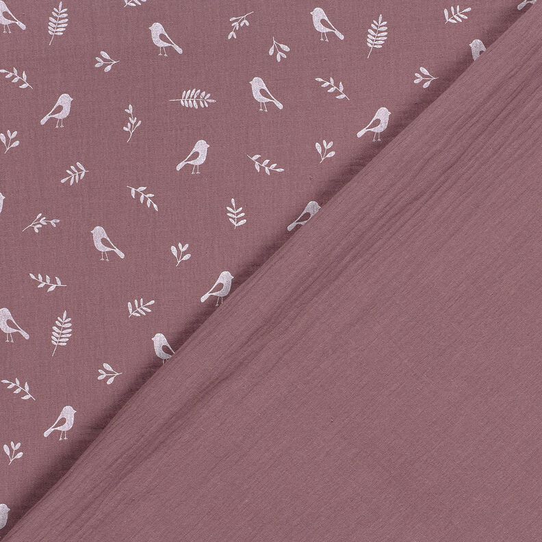 Tissu double gaze de coton Branches et petits oiseaux – aubergine/blanc,  image number 4