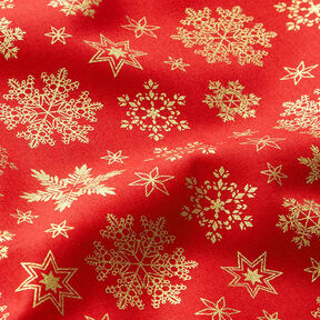 Tissu en coton Popeline Cristaux de neige – rouge/or, 