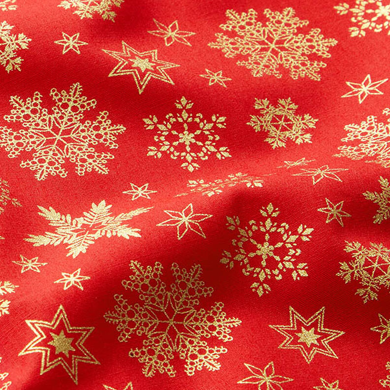 Tissu en coton Popeline Cristaux de neige – rouge/or,  image number 2