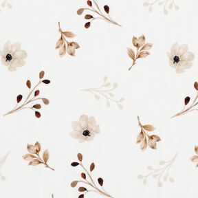 GOTS Jersey coton Impression numérique de fleurs et de branches à l’aquarelle – blanc/marron clair, 
