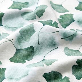 GOTS Jersey coton Impression numérique de ginkgo – blanc/eucalyptus, 