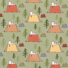 Popeline coton tissu sous licence Snoopy & Woodstock en camping | Peanuts ™ – pistache, 