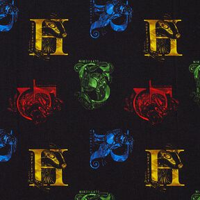 Jersey coton Tissu sous licence Harry Potter, initiales et animaux héraldiques | Warner Bros. – noir, 