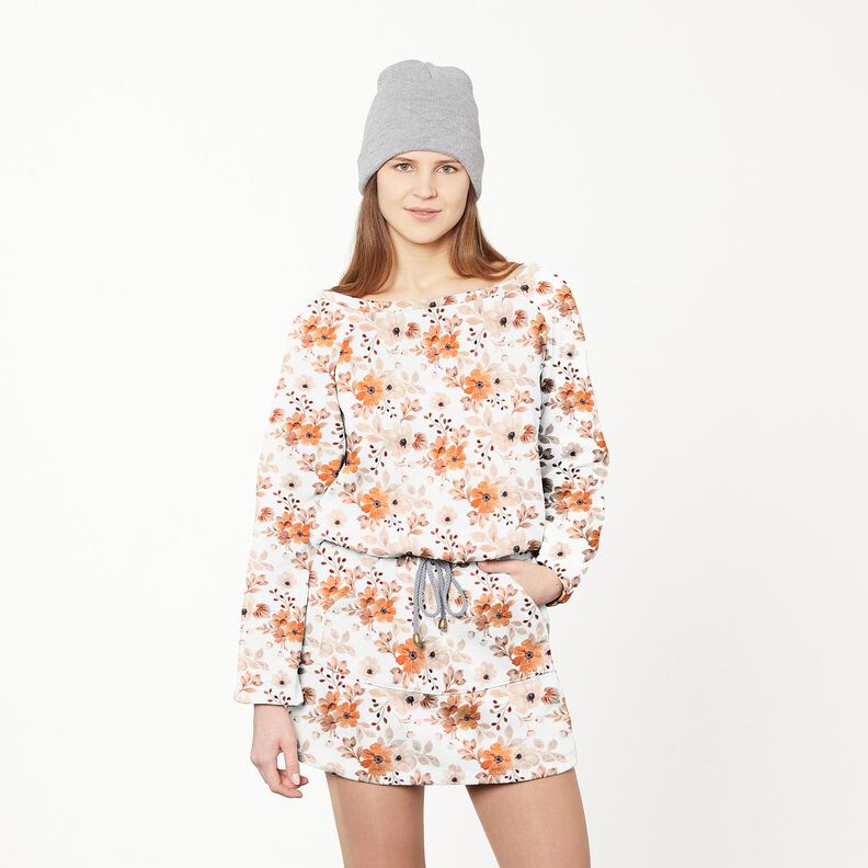 GOTS French Terry Sweat d’été Fleurs délicates – blanc/orange pêche,  image number 5